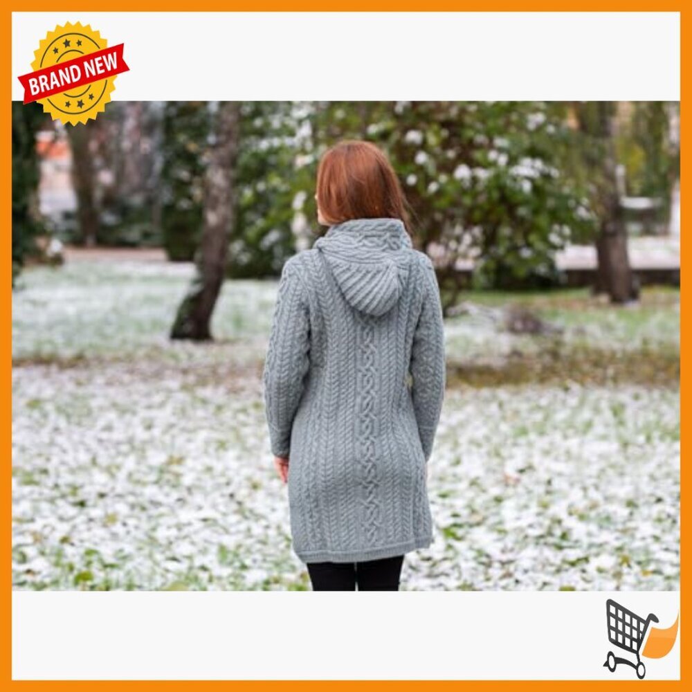 Merino Wool Zip Cardigan with Hood and Pockets, Long Length - Picture 4 of 7